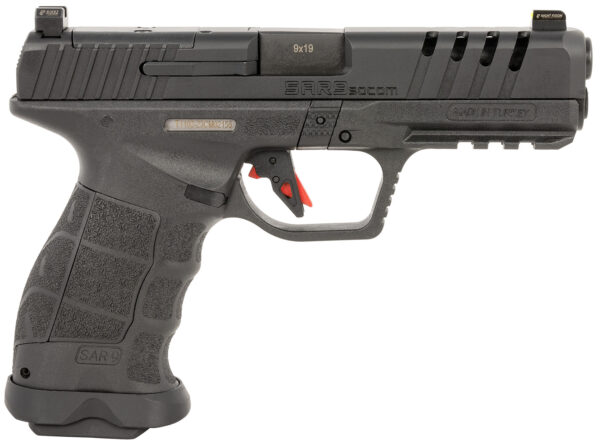 SAR USA SAR9SOCOMBL SAR9 SOCOM 9mm Luger 21+1 5.20" Black Steel Barrel, Black Steel Optic Ready/Ported/Serrated Slide, Black Polymer Frame w/Picatinny Rail, Interchangeable Backstrap Grip, Right Hand