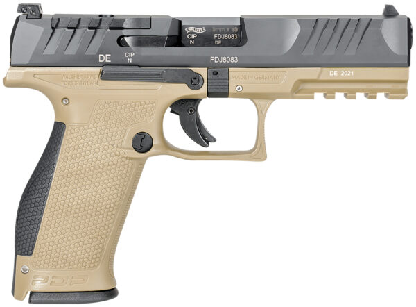 Walther Arms 2858380 PDP  9mm Luger 18+1 4.50" Black Polygonal Rifled Barrel, Black Optic Ready/Serrated Slide, Tan Polymer Frame w/Picatinny Rail, Black Performance Duty Texture Grips, Ambidextrous