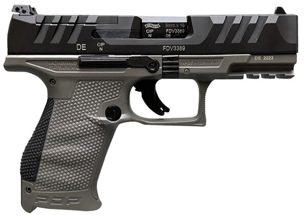 Walther Arms 2858436 PDP  Compact Frame 9mm Luger 15+1 4" Black Steel Barrel, Black Optic Ready/Serrated Steel Slide, Gray Polymer Frame w/Picatinny Rail, Textured Polymer Grip, Ambidextrous