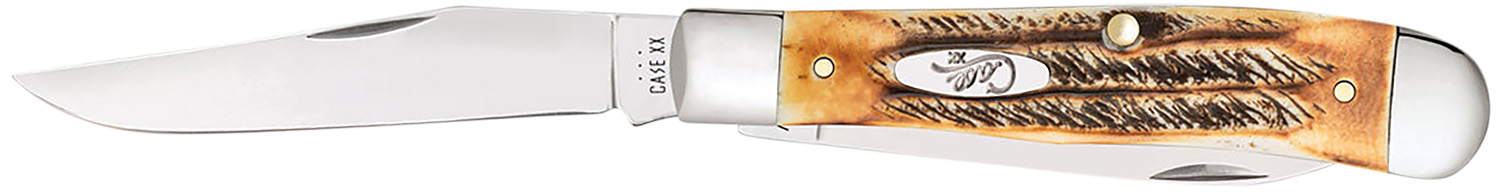 Case 03573 Trapper 3.25" Folding Clip Point/Spey Plain Mirror Polished Tru-Sharp SS Blades, Burnt Dark Amber 6.5 BoneStag Handle