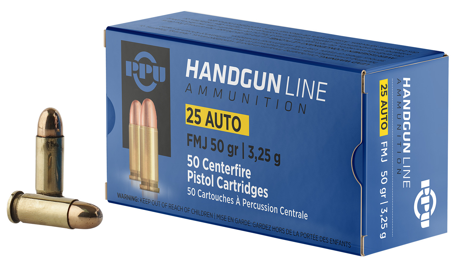 PPU PPH25 Handgun  25ACP 50gr Full Metal Jacket 50 Per Box/20 Case