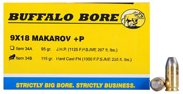 Buffalo Bore Ammunition 34B20 Personal Defense Strictly Business 9x18Makarov +P 115gr Hard Cast Flat Nose 20 Per Box/12 Case