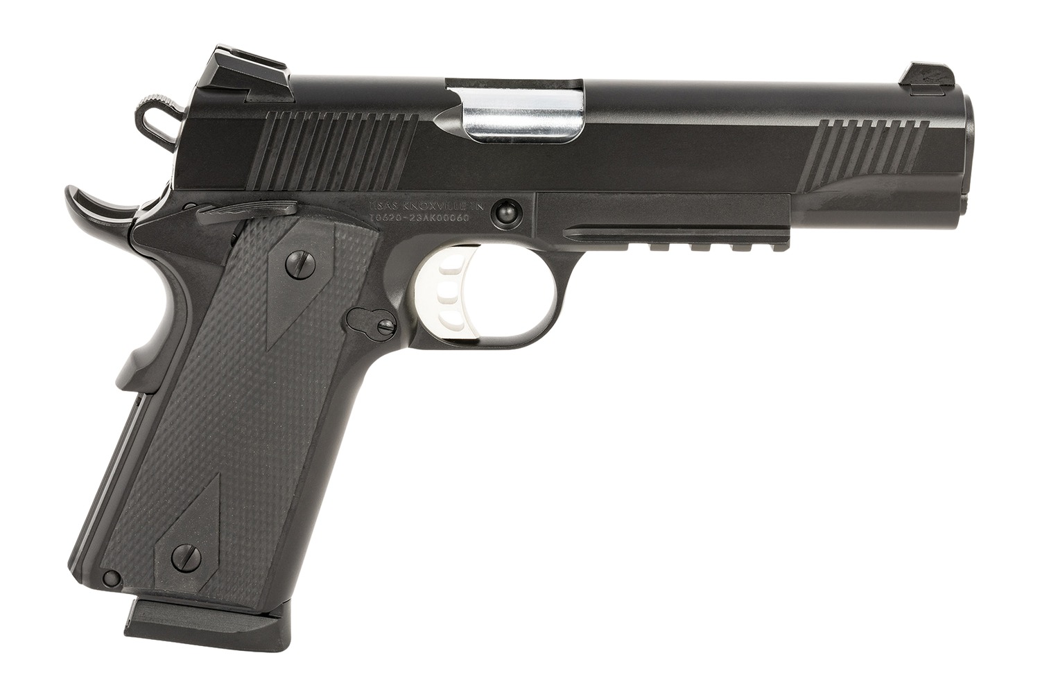 Tisas Arms 10100531 1911 Duty 9mm Luger 9+1 5" Stainless Barrel, Black Cerakote Carbon Steel Serrated Slide & Frame w/Picatinny Rail, Black Rubber Grip