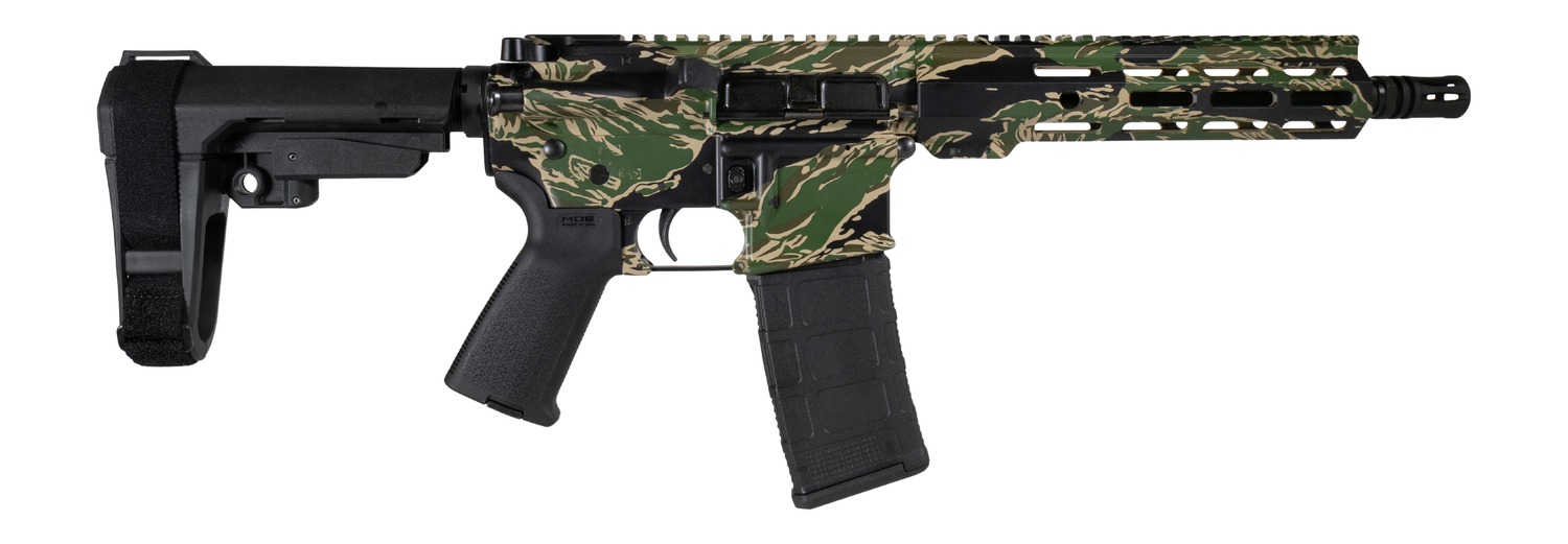 Shark Coast Tactical SCC07305TGR-P Tiger Stripe 5.56 NATO 30+1 Black Nitride Threaded Barrel, Aluminum Receiver w/Picatinny Rail, M-LOK Handguard, Polymer SB Tactical SBA3 Brace, Magpul MOE Grip, Righ