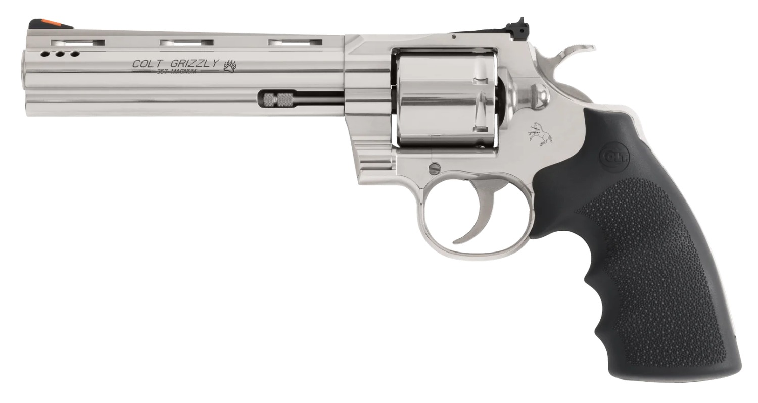 Colt Mfg GRIZZLYSP6RTS Grizzly 357 Mag 6 Shot 6" Stainless Ported Vent Rib Barrel, Stainless Unfluted Cylinder, Stainless Stainless Steel Frame, Black Hogue Overmolded Grip, Exposed Hammer