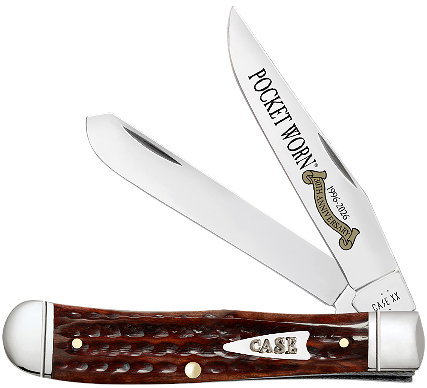 Case 55230 Pocket Worn Trapper Folding Clip Point/Spey Plain Mirror Polished Tru-Sharp SS Blade, Corn Cob Jigged Mahogany Bone Handle