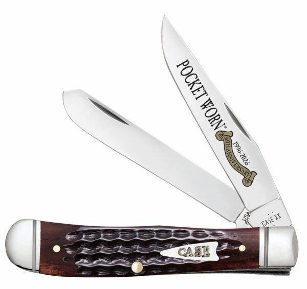 Case 55231 Pocket Worn Trapper Mini Folding 2.75" Clip Point & Spey Plain Mirror Polished Tru-Sharp SS Blades, Corn Cob Jigged Mahogany Bone Handle