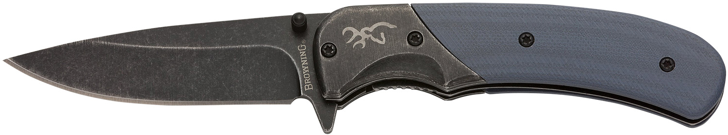 Browning 3220365 The Range EDC Compact 2.75" Folding Drop Point, Plain Black Oxide Stonewashed 7Cr17MoV SS Blade, Black/Blue Aluminum/G10 Handle