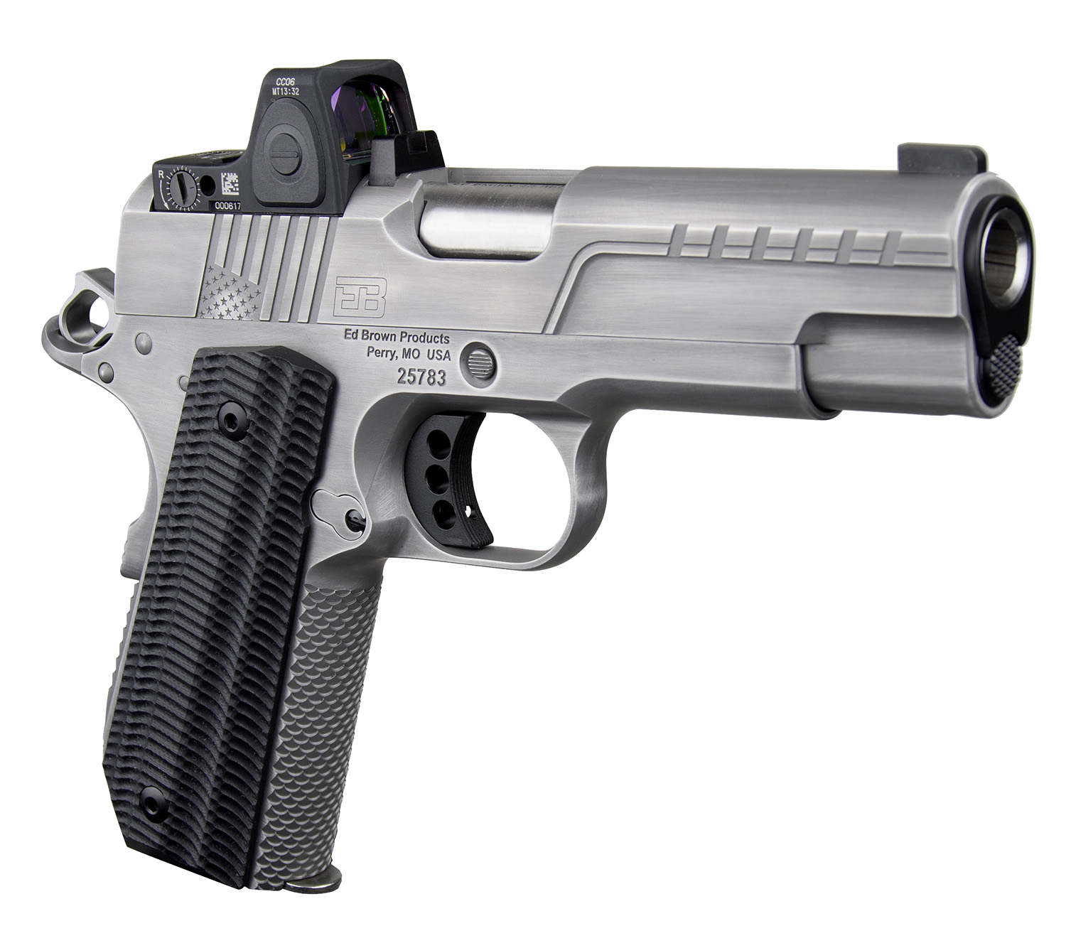 Ed Brown FX2SS FX2  45 ACP 7+1 4.25" Recessed Crown Barrel, Stainless Steel Engraved American Flag/Serrated Slide, Stainless Steel Frame, Trijicon RMRcc 3.25 MOA Sight