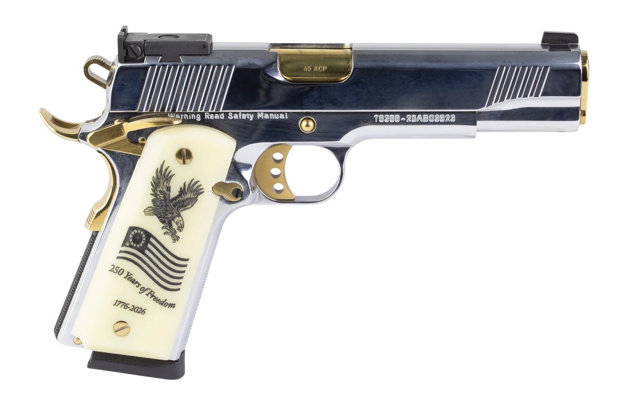 Girsan 391096 MC1911 USA 250th 45 ACP 8+1 5" Polished Chrome Stainless Steel Serrated Slide & Frame w/Beavertail, Eagle w/Flag Grip