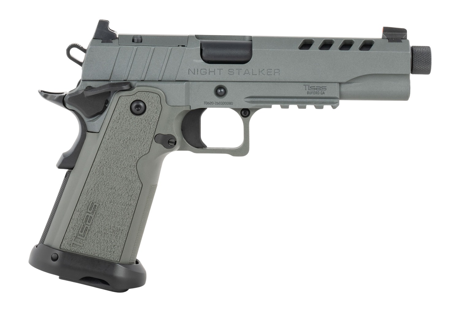 Tisas Arms 12500006 1911 Night Stalker 9mm Luger 17+1 5.30" Threaded Barrel, Gray Cerakote Carbon Steel Optic Cut/Serrated Slide & Frame w/Picatinny Rail, Polymer Grip