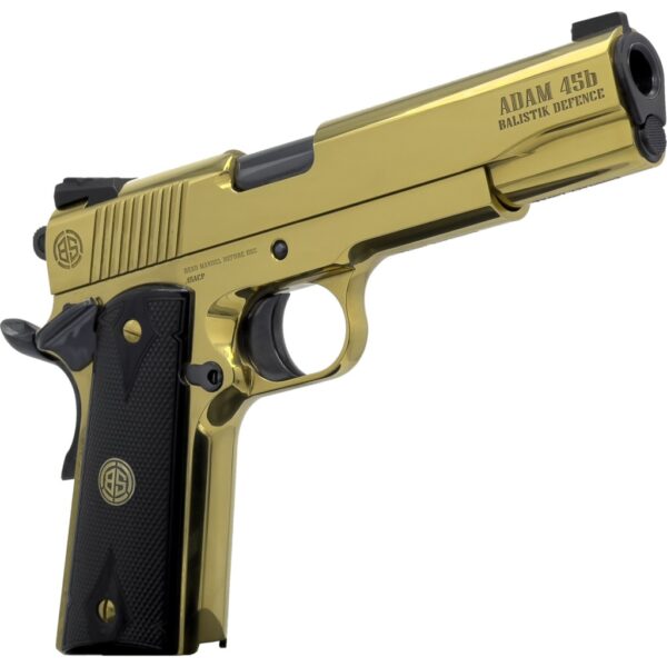 Dickinson LLC DKSN45GB Adam 1911 Golden 45 ACP 8+1 5" Black Barrel, Gold Cerakote Steel B Serrations Slide, Gold Steel Frame w/Beavertail, Black Textured Grip
