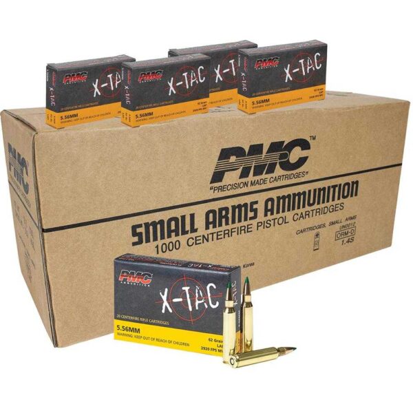 PMC X-Tac Green Tip Rifle Ammunition 5.56X45 NATO 62 gr FMJ 2920 fps 1000/ct Case (50-20/ct)