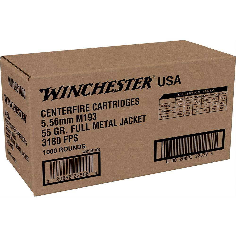 Winchester USA Lake City M193 Rifle Ammunition 5.56X45 NATO 55 gr. FMJ 3180 fps 1000/ct (Bulk)