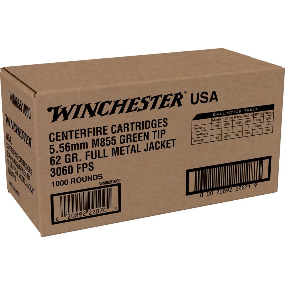 Winchester USA Lake City M855 Green Tip Rifle Ammunition 5.56X45 NATO 62 gr. FMJ 3060 fps 1000/ct (Bulk)