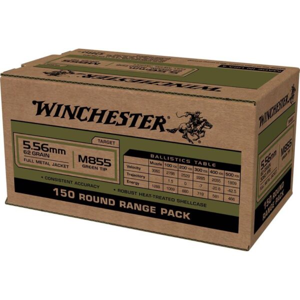 Winchester USA Lake City M855 Green Tip Rifle Ammunition 5.56X45 NATO 62 gr. FMJ 1255 fps 150/ct