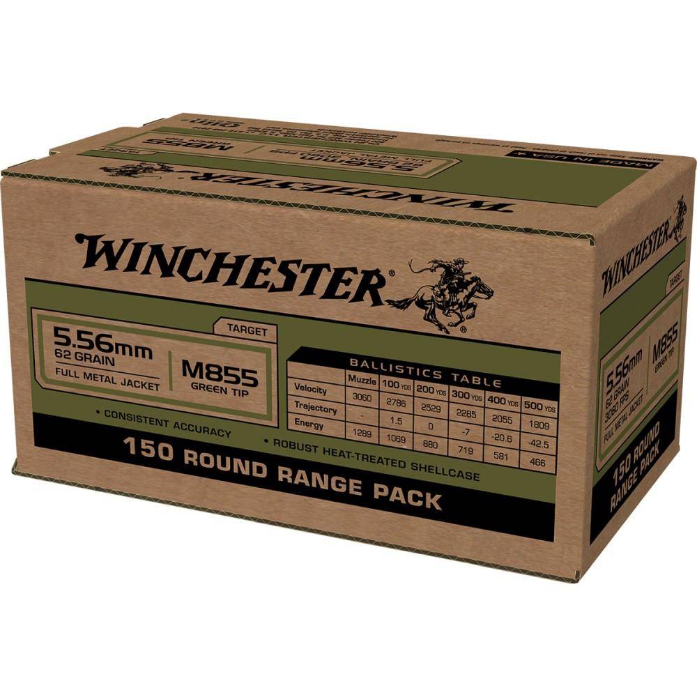 Winchester USA Lake City M855 Green Tip Rifle Ammunition 5.56X45 NATO 62 gr. FMJ 1255 fps 150/ct